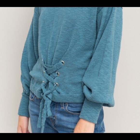 BLUE COTTON TIE FRONT BALLOON SLEEVE SWEATER - Picture 7 of 7